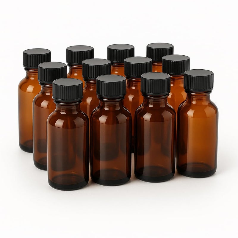 Onisavings Amber Glass Bottles 1 oz 30 ml Pack Of 12 Empty Refillable Bottles With Black Cap  Leakproof Essential Oils Bottle for Storage and Travel Bottles for Liquids